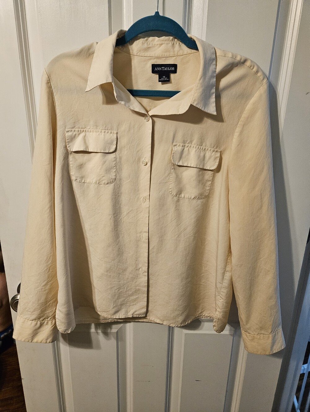 Ann Taylor 90's Silk Cream Long-Sleeve Button-Front Utility Shirt Jacket